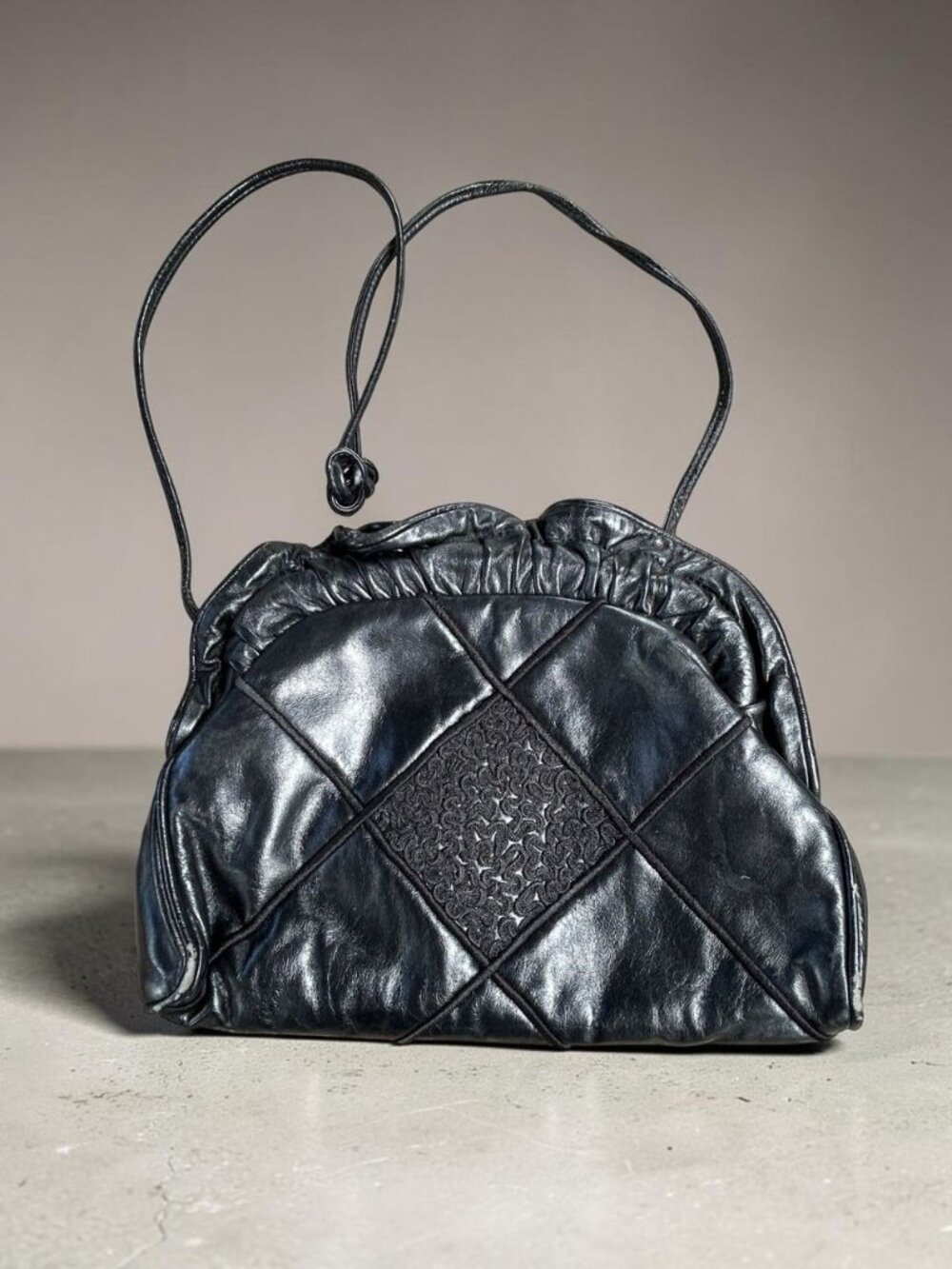 Studio 26 Designs by Martha Vintage 80s Black Leather Quilted Shoulder Bag